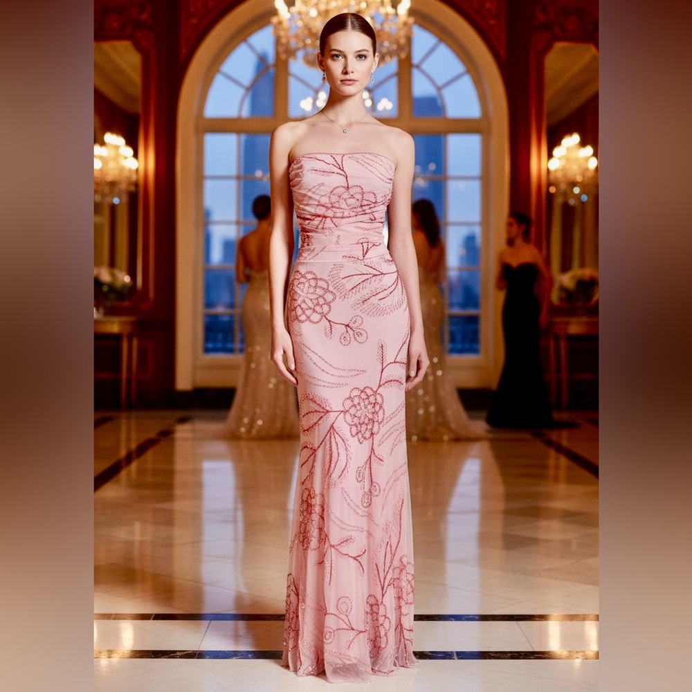Elegant Pink hand, beaded Strapless Evening Gown